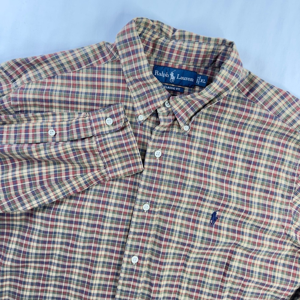 Ralph Lauren Shirt Men's XL Brown Red Plaid Button Down Long Sleeve Preppy